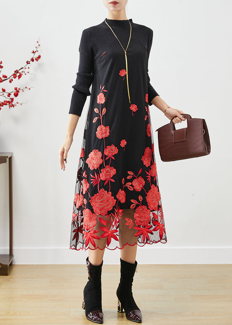 Red Silm Fit Knit Long Dress Embroideried Fall