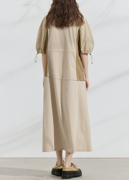 Original Design Khaki Drawstring Patchwork Cotton Dresses Summer