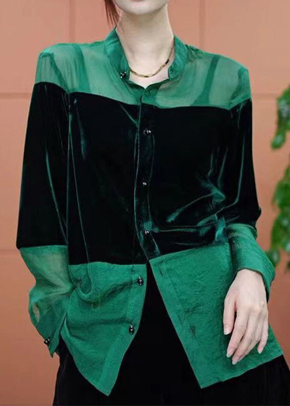 Green Stand Collar Patchwork Silk Velour Shirt Top Spring