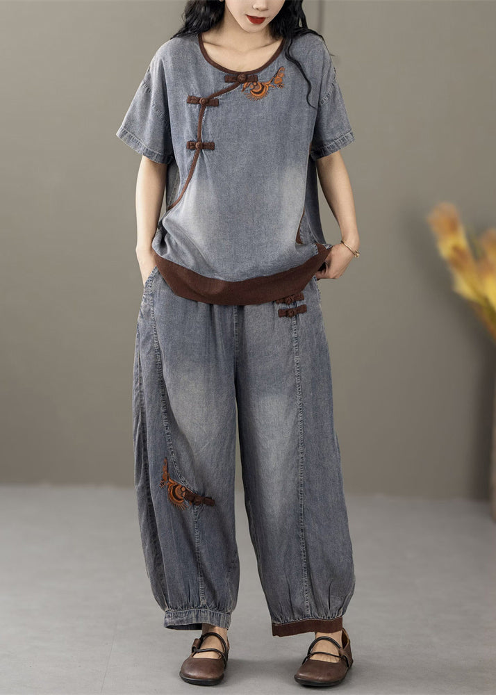 French Blue Embroidered Pockets Patchwork Denim Two-piece Set Summer