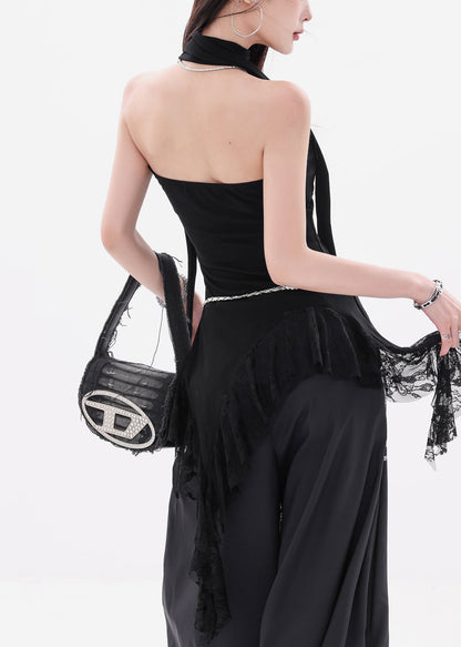 Slim Fit Black Asymmetrical Lace Cotton Tank Sleeveless