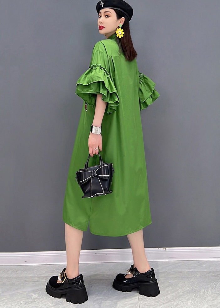 Green Stand Collar Cat Embroideried Shirt Dress Ruffles Sleeve