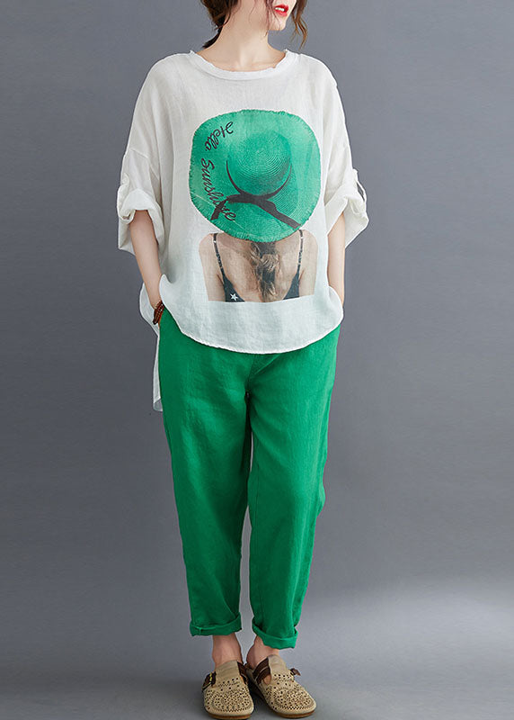 Green Cotton Loose Two Pieces Set O-neck Low High Design Batwing Sleeve