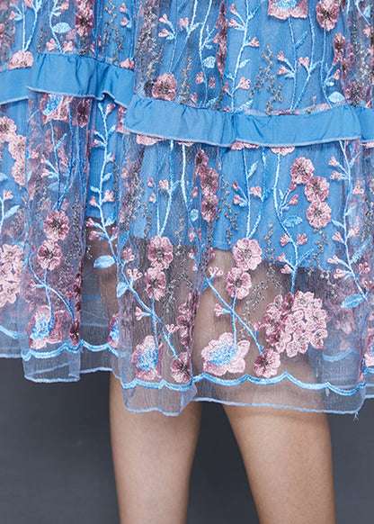 Modern Lake Blue Ruffled Patchwork Embroideried Tulle Dress Summer