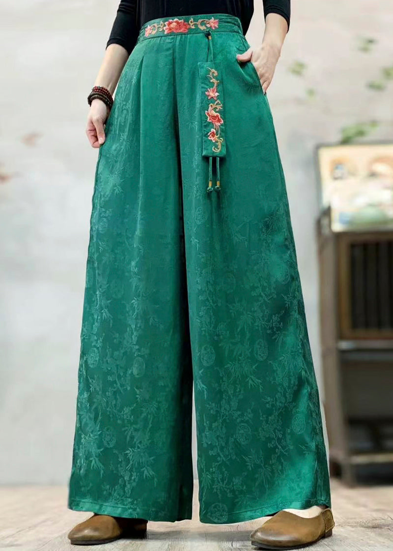 Tea Green Embroidered Jacquard Silk Pants Spring
