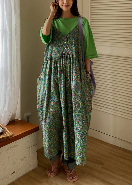 Green V Neck Print Pockets Cotton Tank Dress Sleeveless