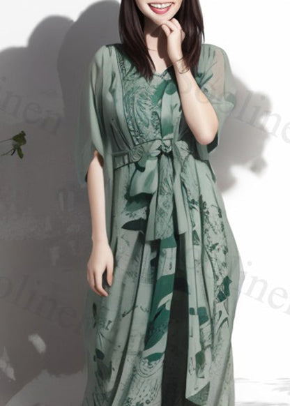 Green Print Lace Up Loose Silk Maxi Dresses Summer