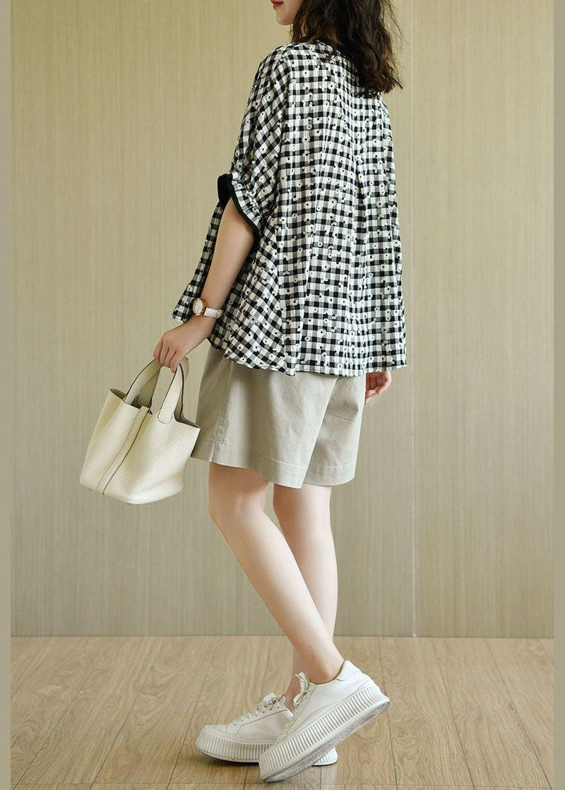Fitted Black White Plaid O-neck Print Summer Top Half Sleeve