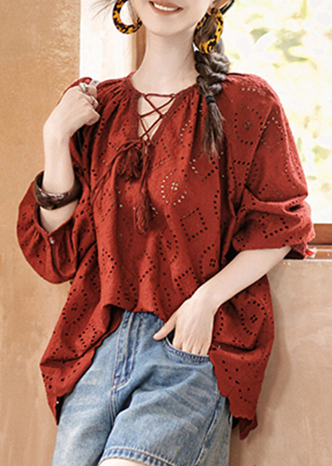 Red Tie Lace Hollow Out Tops Fall