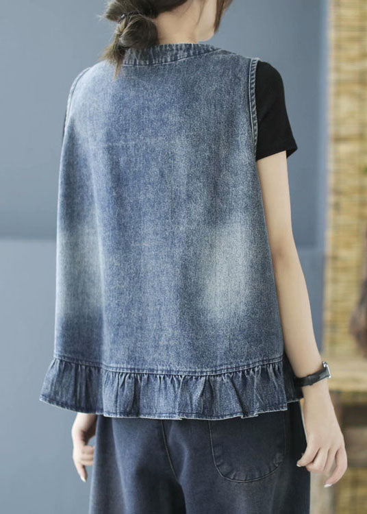 Black Tasseled Patchwork Denim Sleeveless Vest