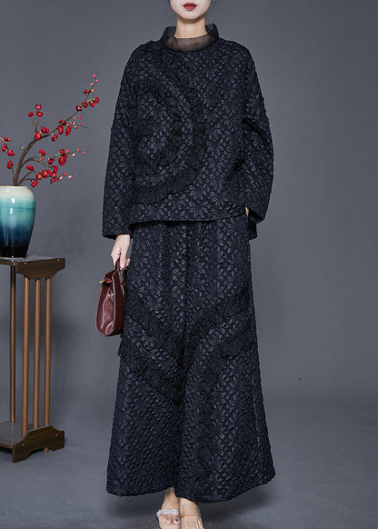 Diy Black Ruffled Patchwork Warm Fleece Two Pieces Set Winter