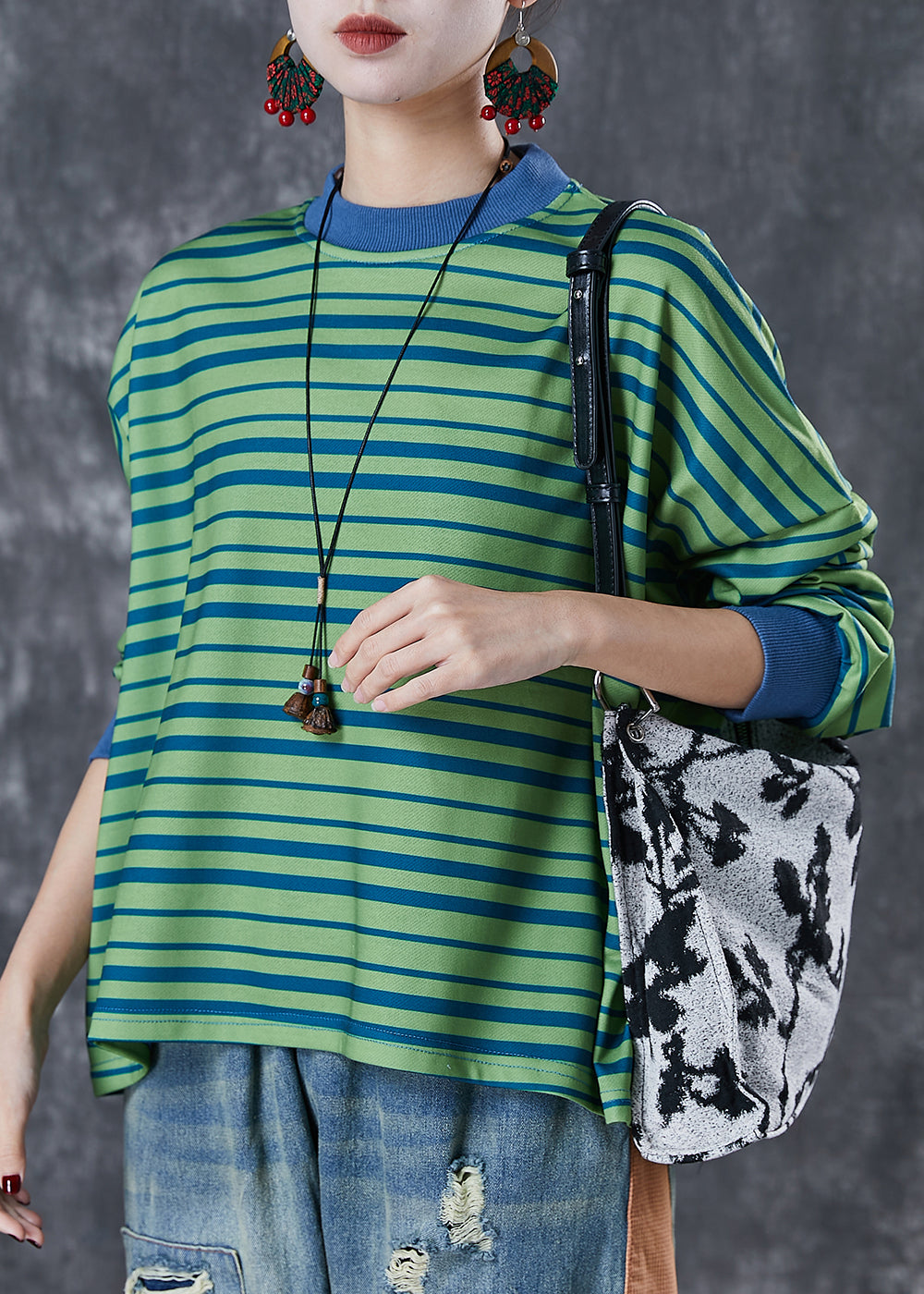 Style Green Oversized Striped Cotton Sweatshirt Spring