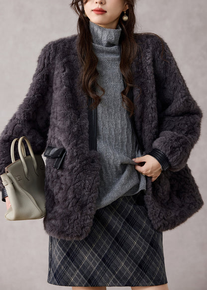 Dark Grey V Neck Patchwork Faux Fur Coats Winter