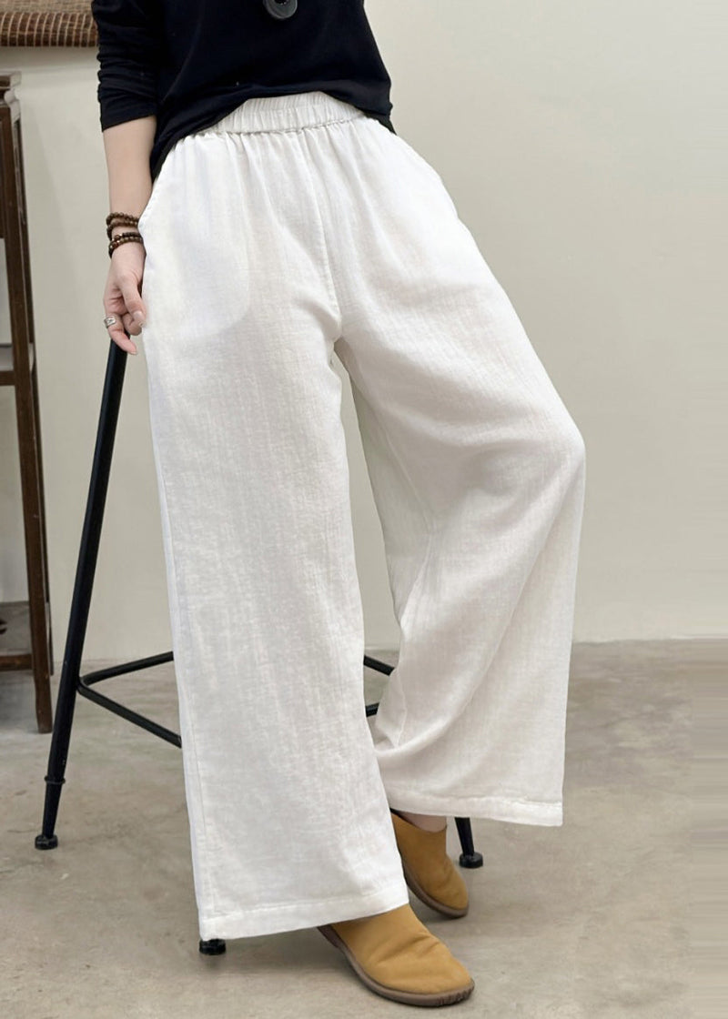 White Elastic Waist Linen Straight Pants Summer