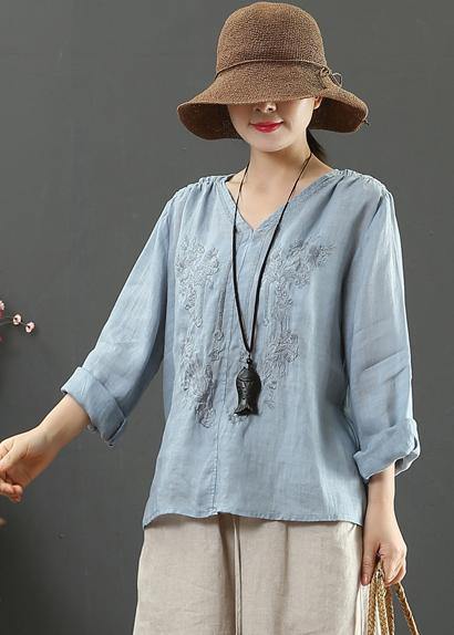 V Neck Spring Tunic Pattern Work Blue Embroidery Blouses