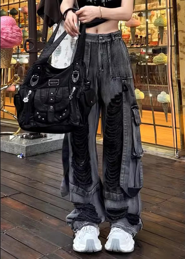 Black Pockets Ripped Denim Pants Trousers Fall