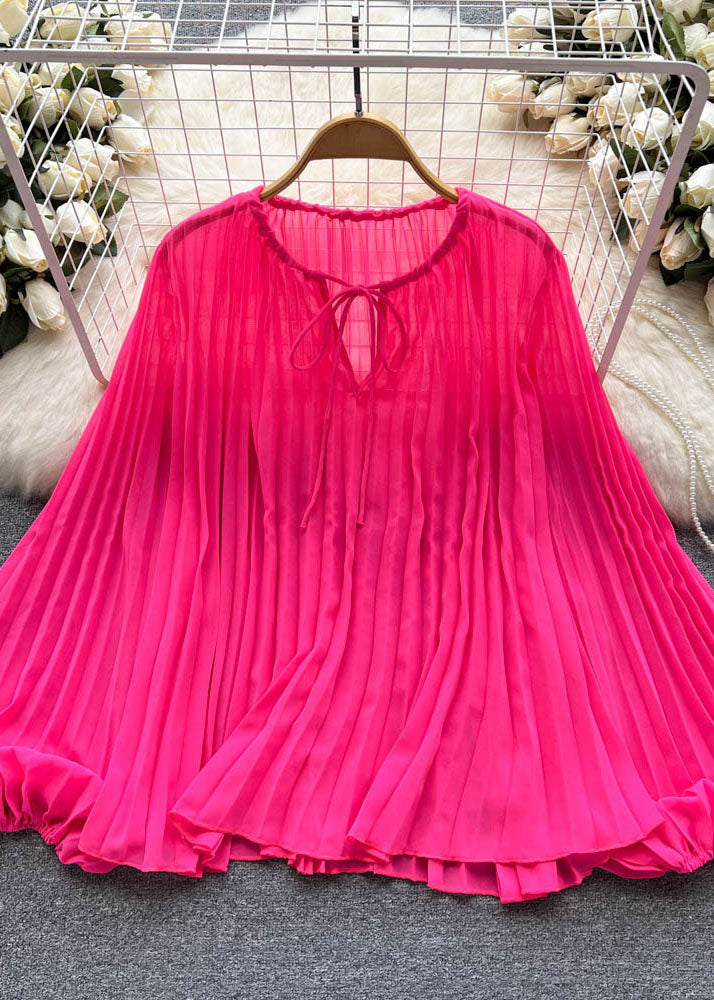 Rose O Neck Wrinkled Patchwork Chiffon Blouse Tops Summer