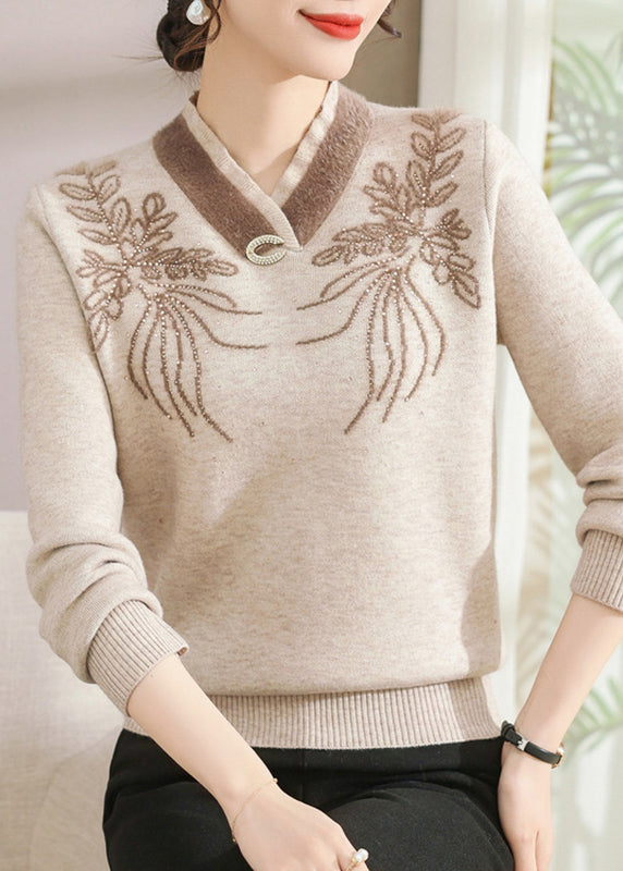 Handmade Beige V Neck Zircon Thick Knitted Cotton Sweater Fall