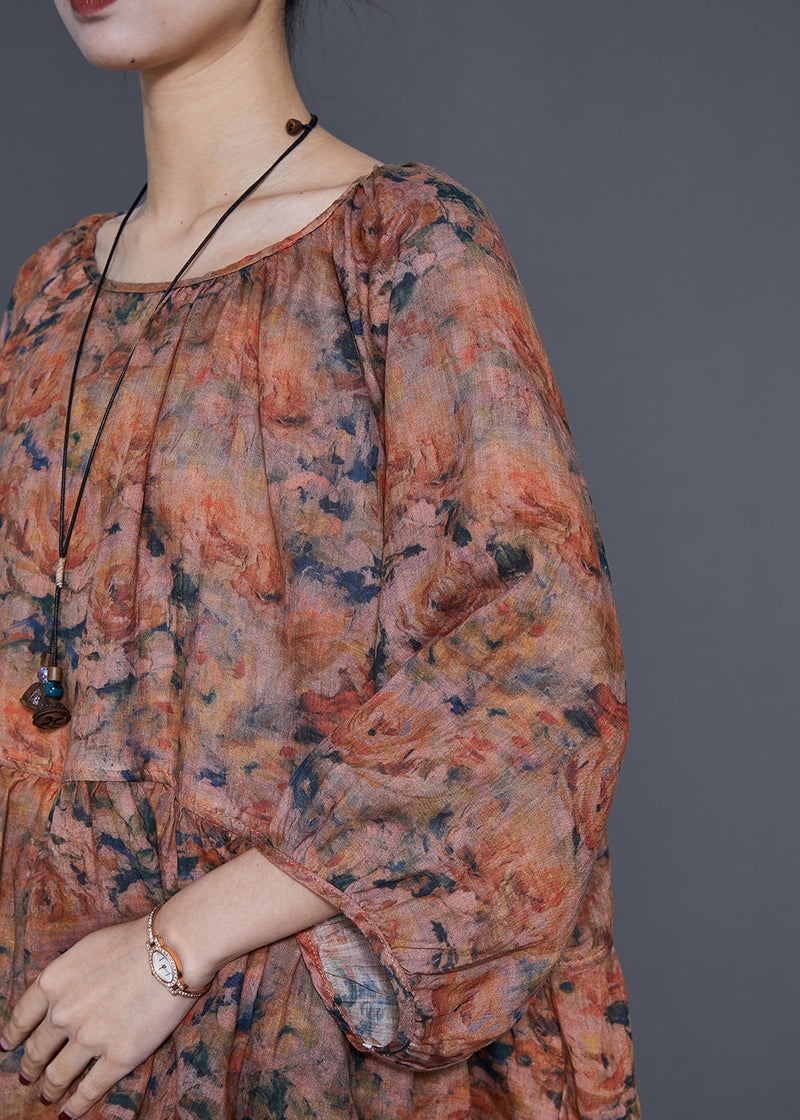 Handmade Coffee Oversized Print Linen Two-piece Set Spring