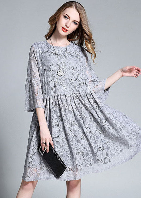 Grey O-neck Patchwork Lace Maxi Dresses Bracelet Sleeve