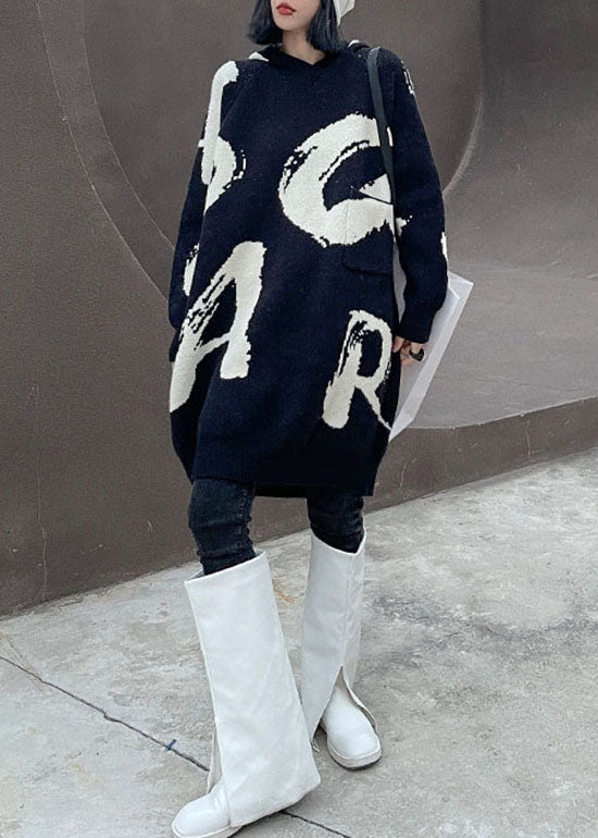Black Hooded Print Knit Sweater Dress Spring