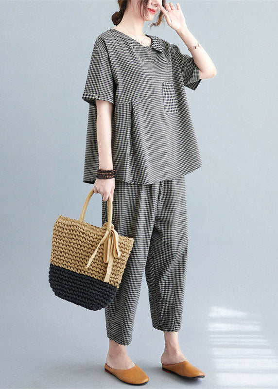 Black Plaid Wrinkled Patchwork T Shirt and Crop Pants Two Piece Set Short Sleeve