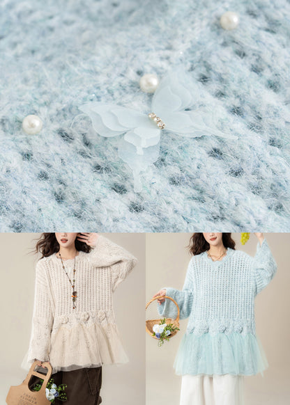 Light Blue Hollow Out Butterfly Tulle Patchwork Knit Sweater Spring