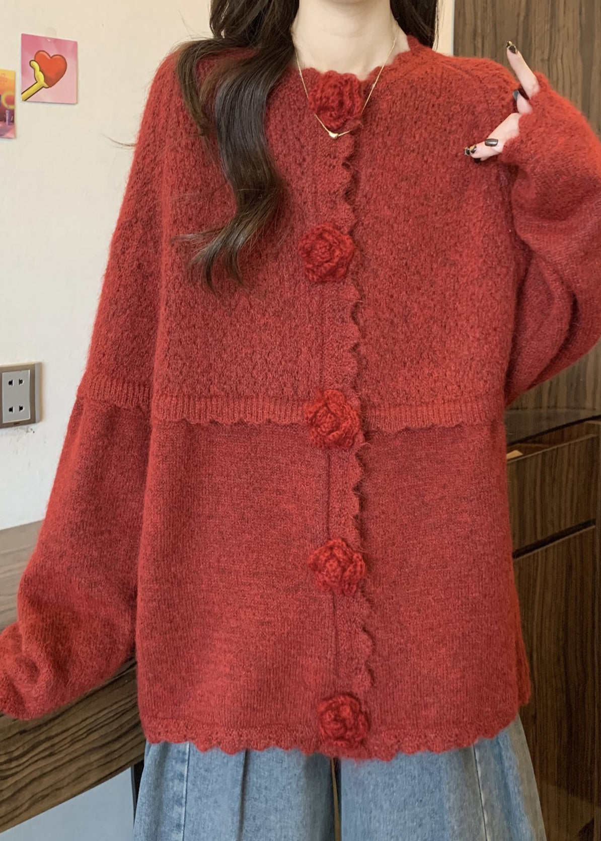 Red Oversized Three-dimensional Knitted Tops Fall