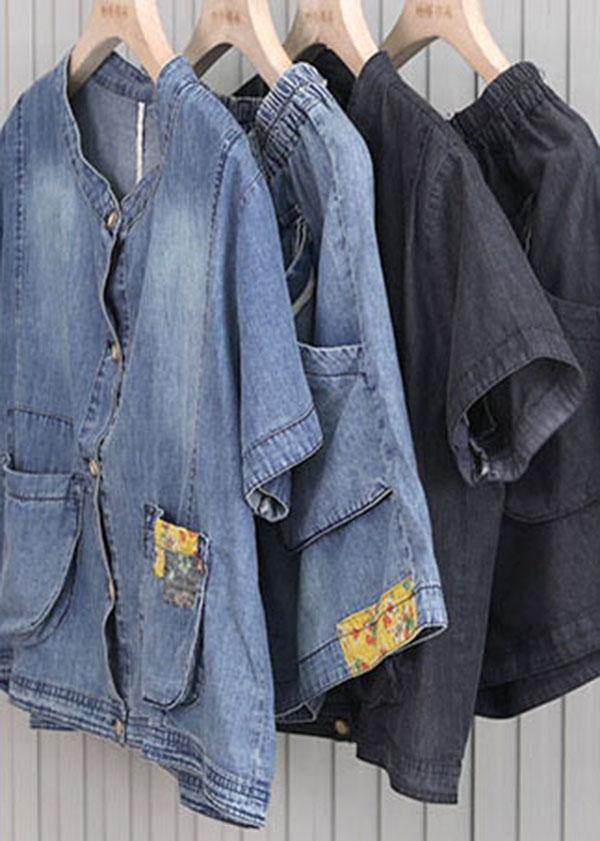 Button Blue Short Sleeve Tops Hot Pants Denim Two Piece Suit Set