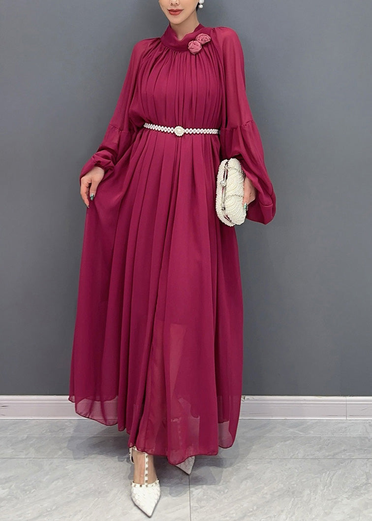 Chinese Style Mulberry Wrinkled Chiffon Long Dress Fall