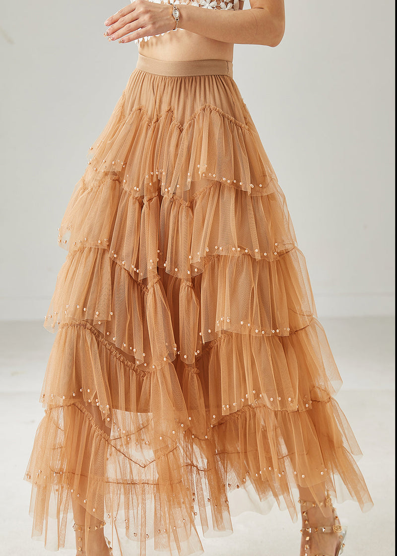 Khaki Nail Bead Tulle Vacation Skirts Summer