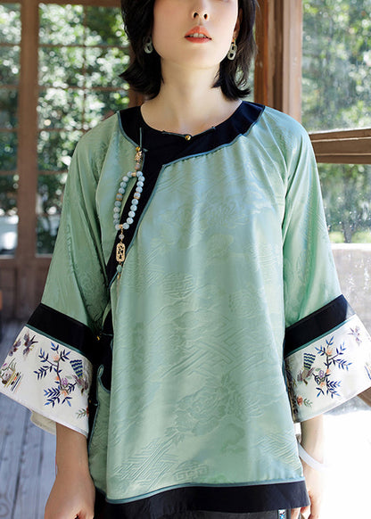 Green O-neck Embroideried Patchwork Jacquard Silk Top Long Sleeve