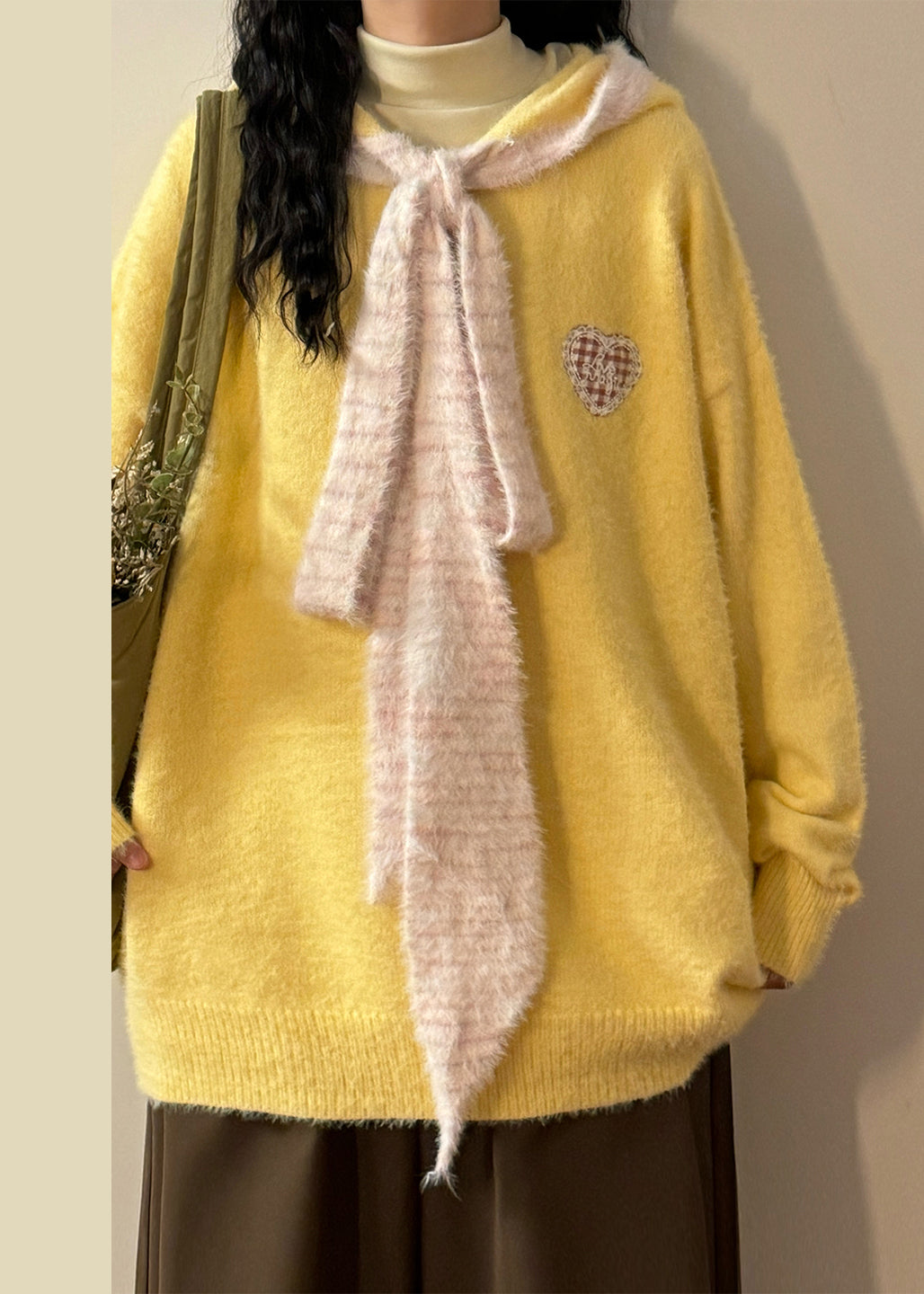 Yellow Hooded Lace Up Patchwork Knit Sweater Spring