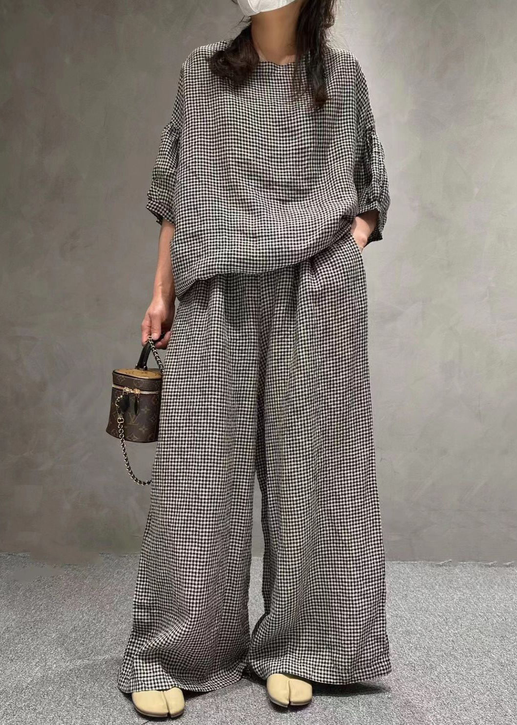 French Small Plaid O-neck Pockets Cotton Two Pieces Set Half Sleeve