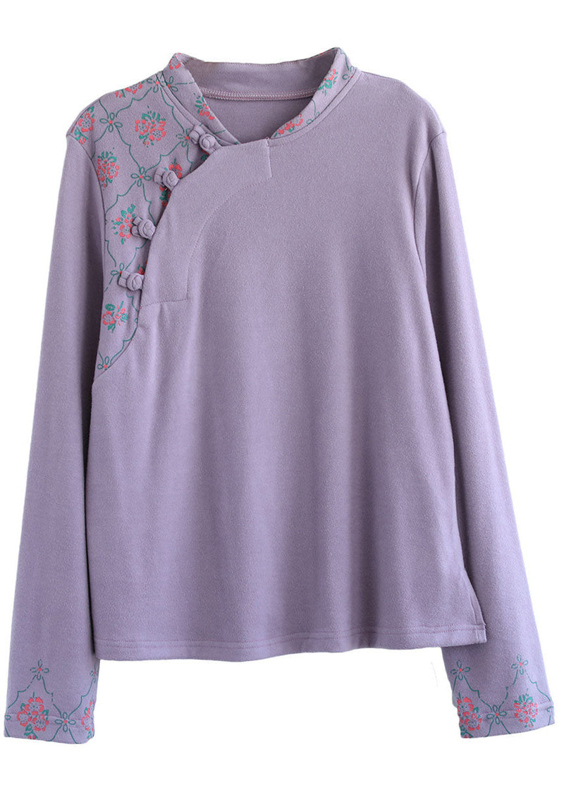 Modern Purple Embroideried Button Fall Cotton Top