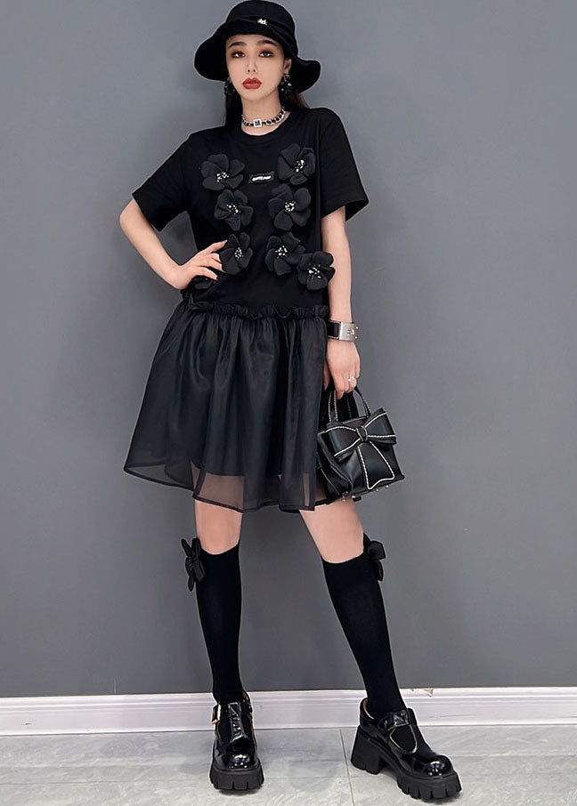 Italian Black Ruffled Tulle Patchwork Cotton Mid Dress Short Sleeve