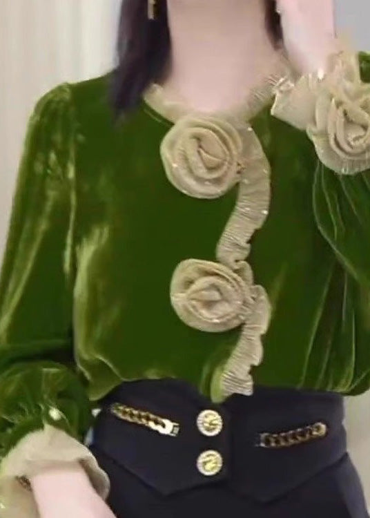 Boutique Green Ruffled Velour Blouse Tops Fall