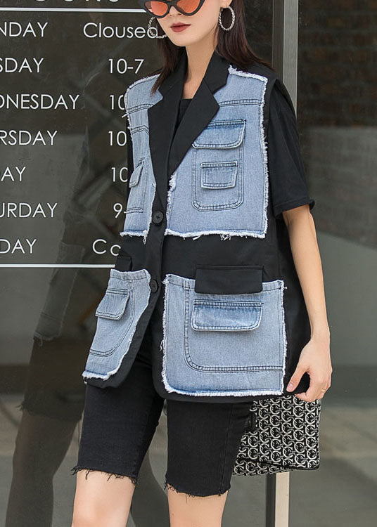Black Patchwork Button Pockets Fall Sleeveless Waistcoat
