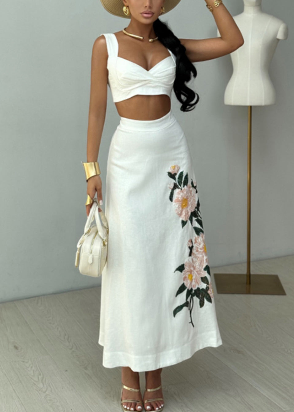 White Print High Waist Cotton Two Pieces Set Sleeveless