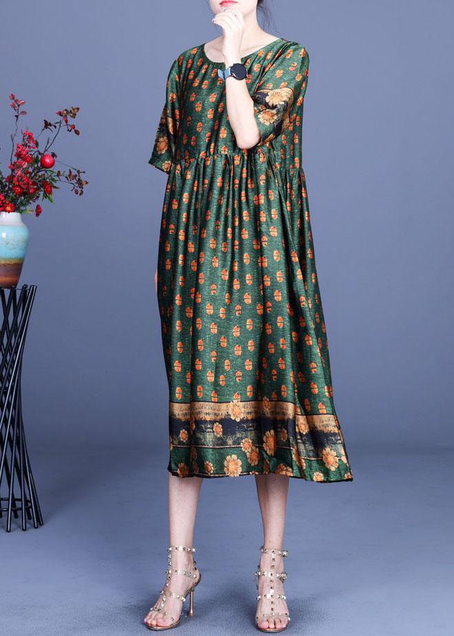 Green Print Silk Cinched Dress Summer