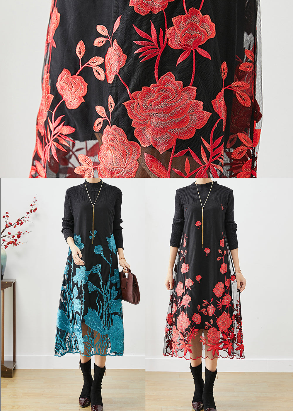 Red Silm Fit Knit Long Dress Embroideried Fall