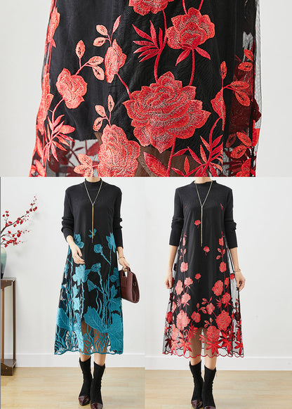 Red Silm Fit Knit Long Dress Embroideried Fall