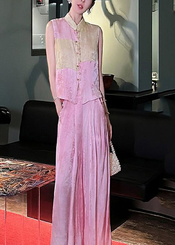 Jacquard Pink Stand Collar Patchwork Silk Cotton Shirts and Wide Leg Pants Two Piece Set Sleeveless