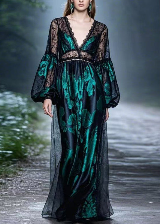 Black Lace Patchwork Silk Long Dresses Spring
