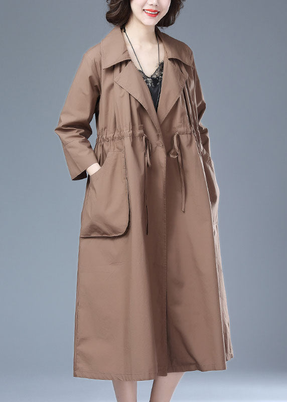 Khaki Pockets Drawstring Patchwork Cotton Long Trench Coat Bracelet Sleeve