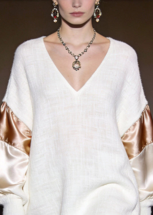 White V Neck Silk Patchwork Mini Dresses Spring