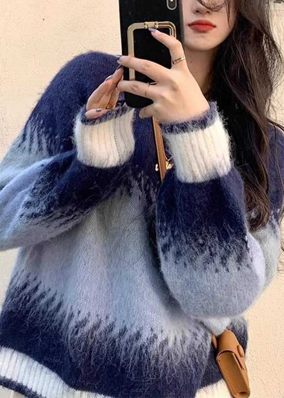 Blue Gradient O Neck Thick Cozy Knit Sweaters Winter