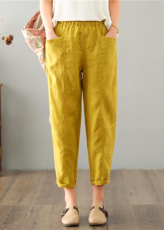Natural Yellow Pockets Cotton Linen Pants Summer