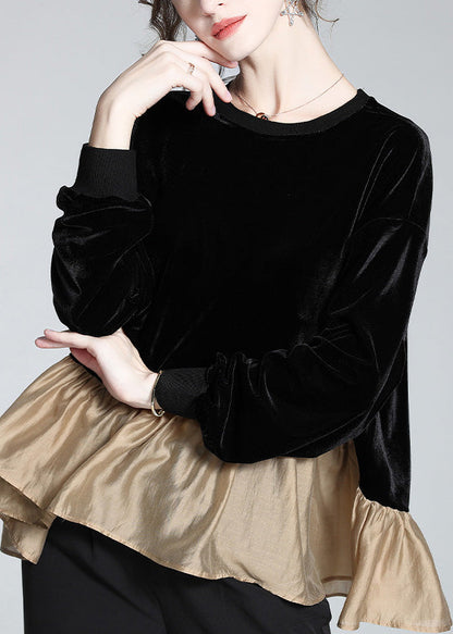 Stylish Black O-neck Patchwork Velour T Shirt Spring