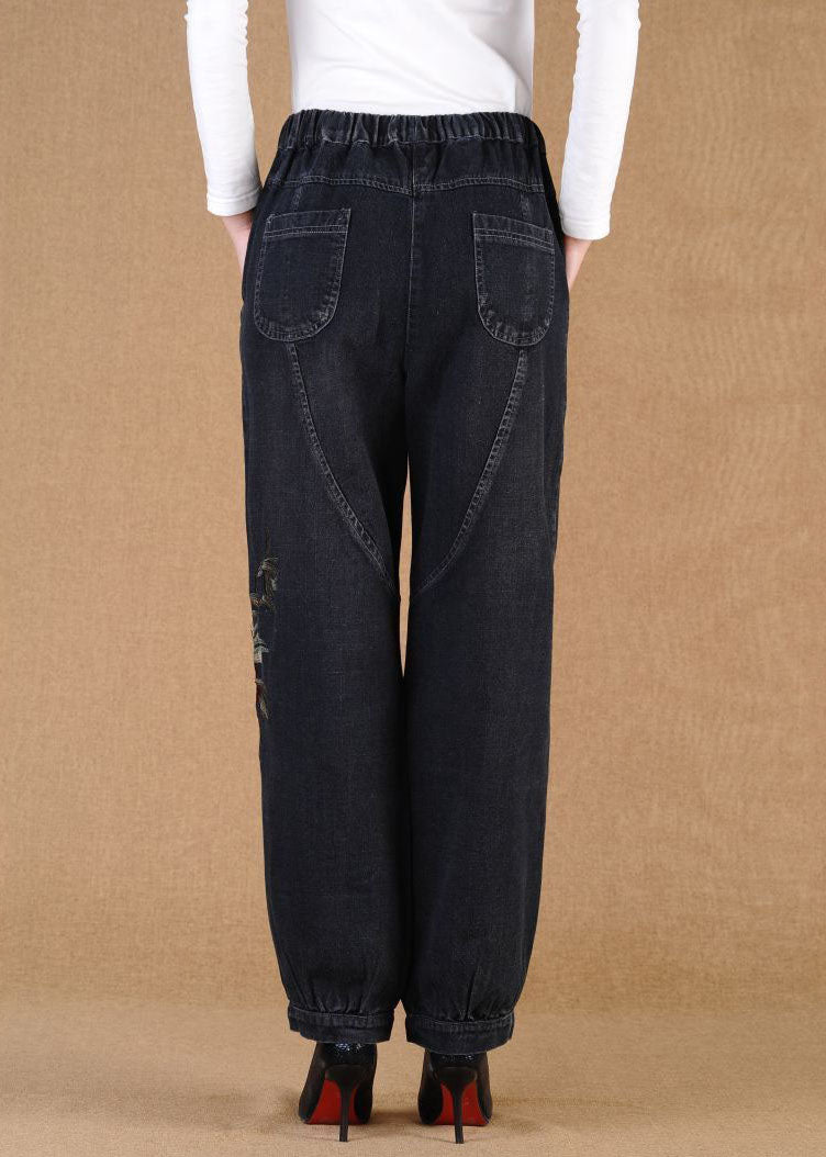 Black Grey Elastic Waist Embroideried Pockets Cotton Denim Lantern Pants Summer